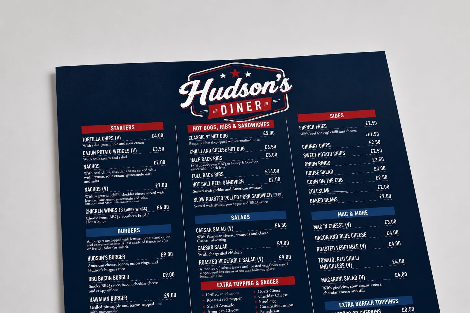 Diner-style menu design photographed flat on a neutral surface