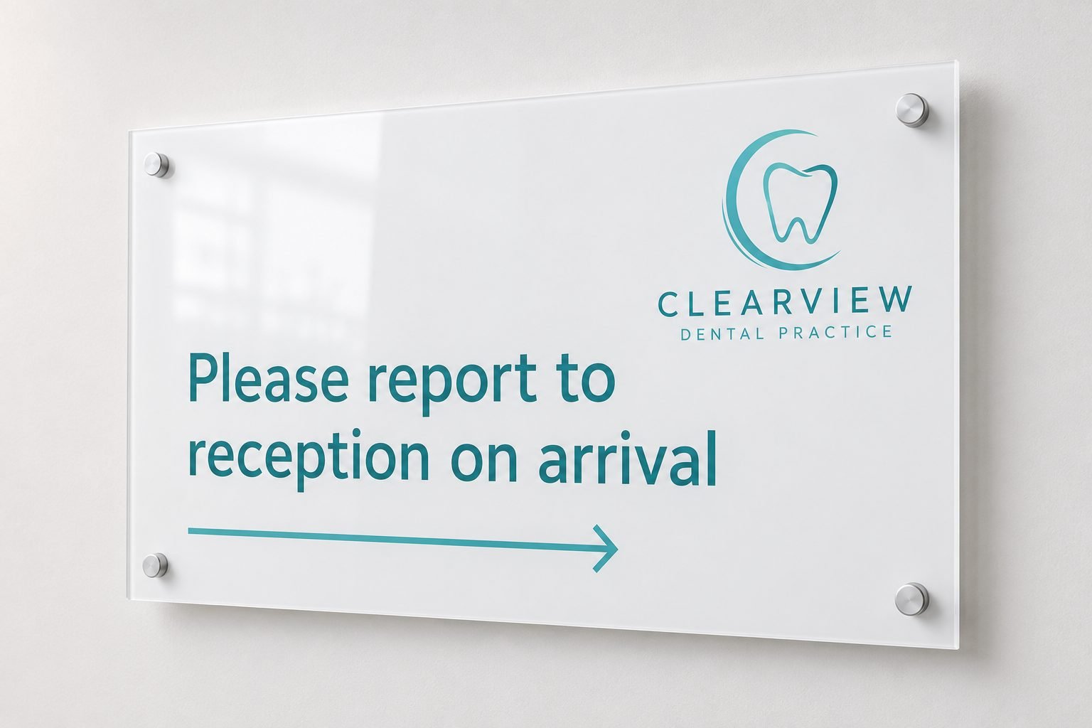 Sign design example for clinics & healthcare — dental practice reception glass sign