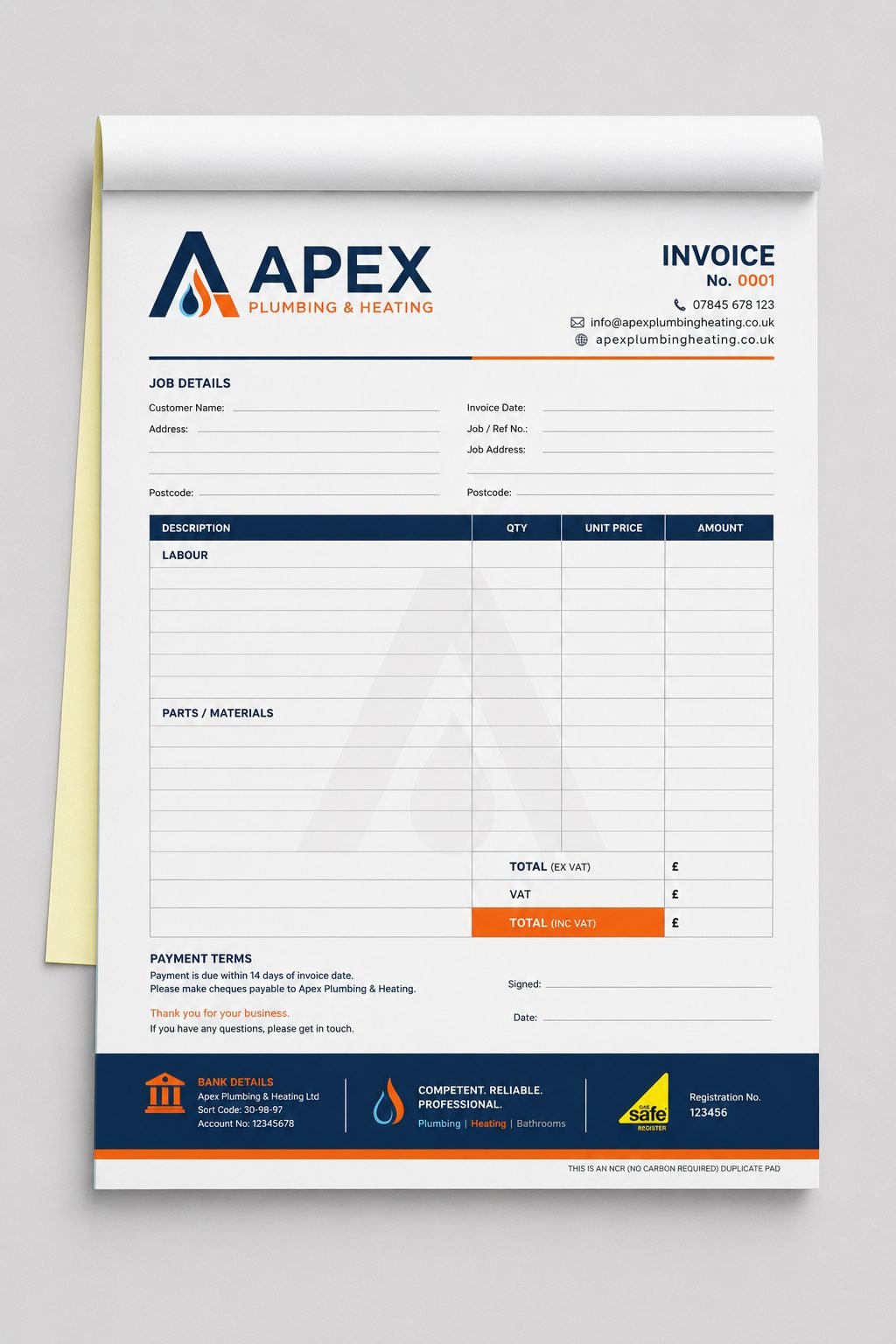 Invoice pad design example for trades & services — plumbing NCR duplicate invoice pad