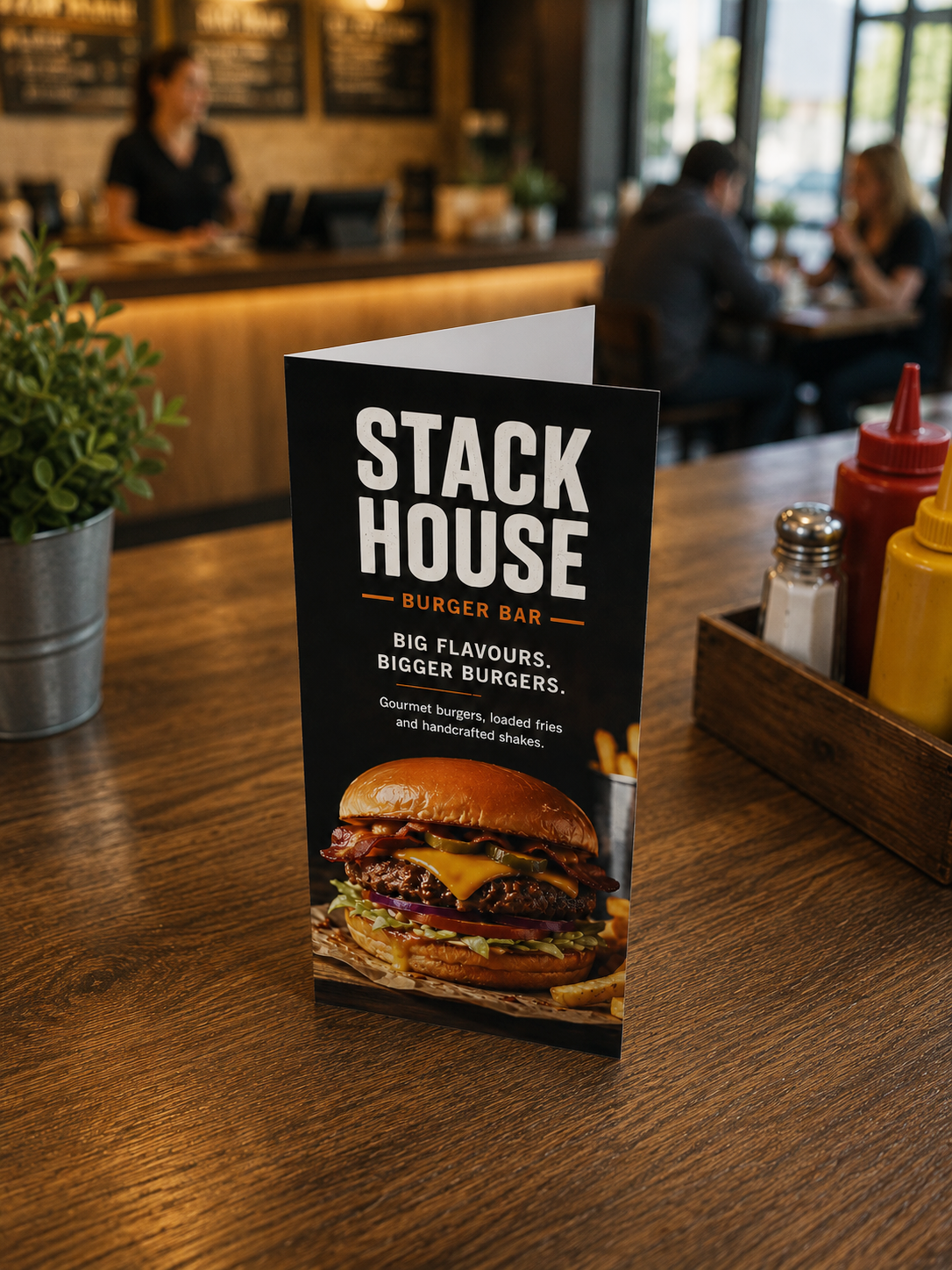 Burger bar table talker promoting gourmet burgers