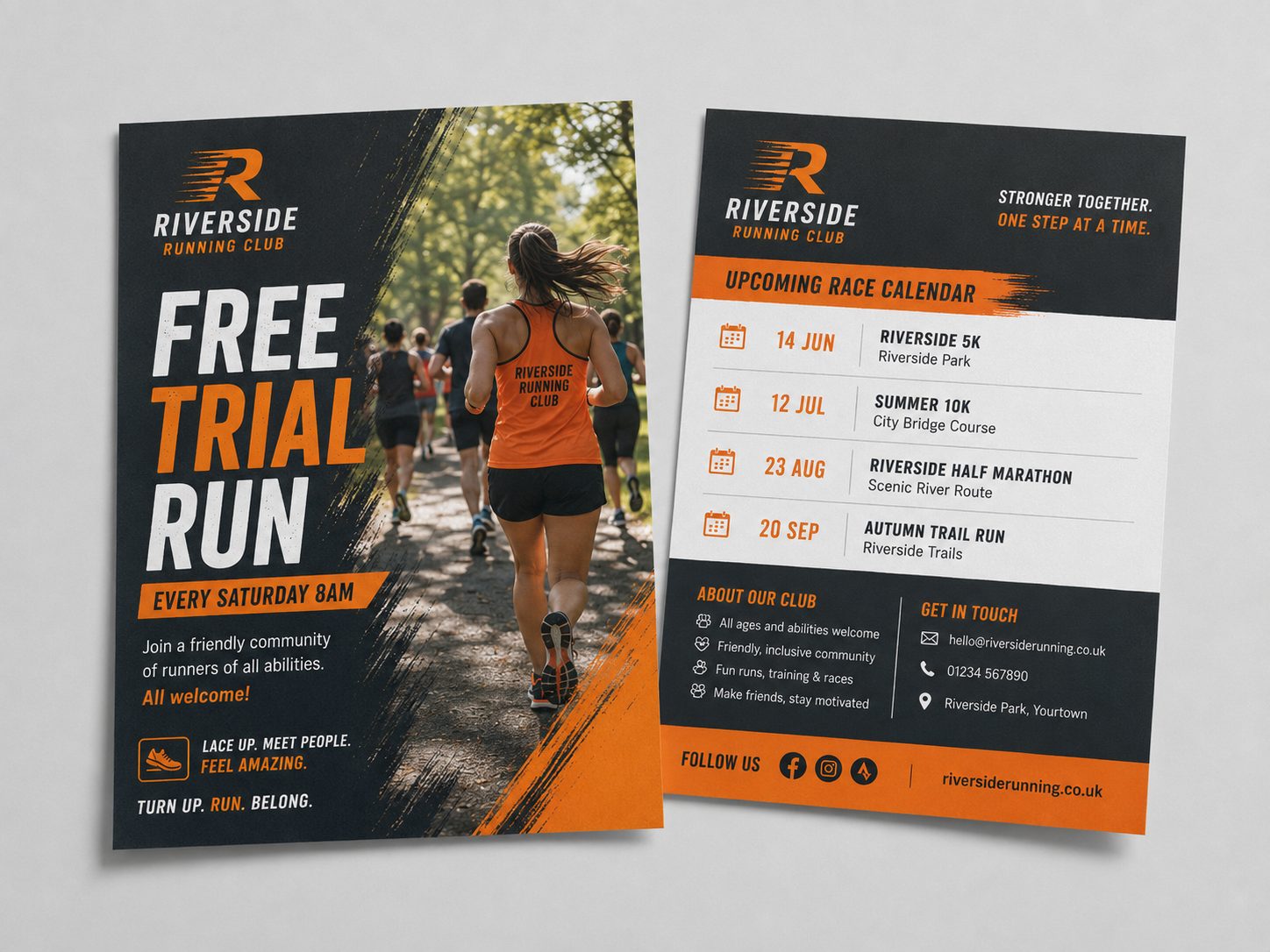 Flyer design example for sports & clubs — running club free trial run flyer