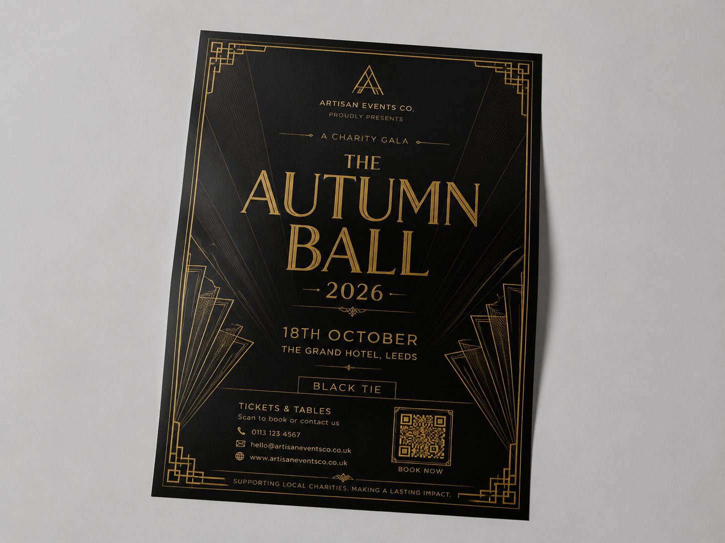 Flyer design example for events & parties — art deco charity gala ball flyer with QR code