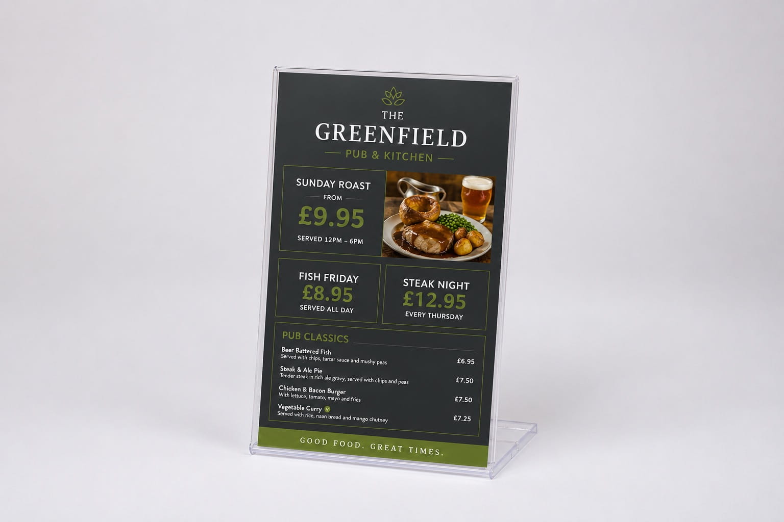 Acrylic pub table sign displaying food offers and weekly promotions