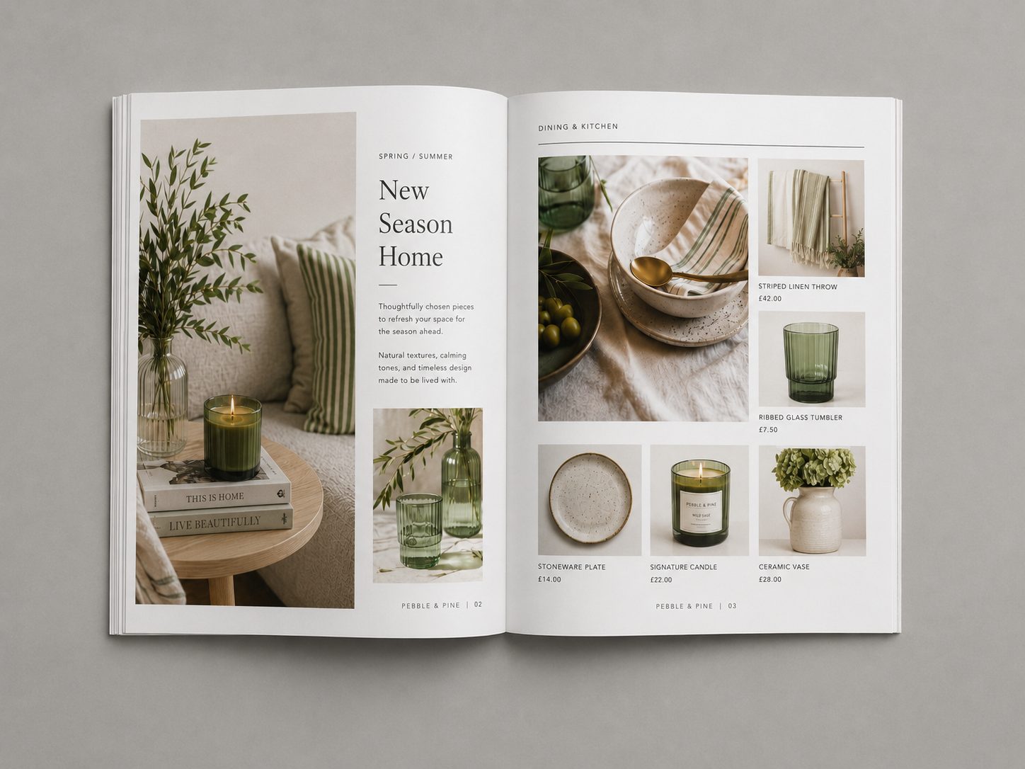 Brochure design example for retail & shops — open homeware lookbook spread with prices