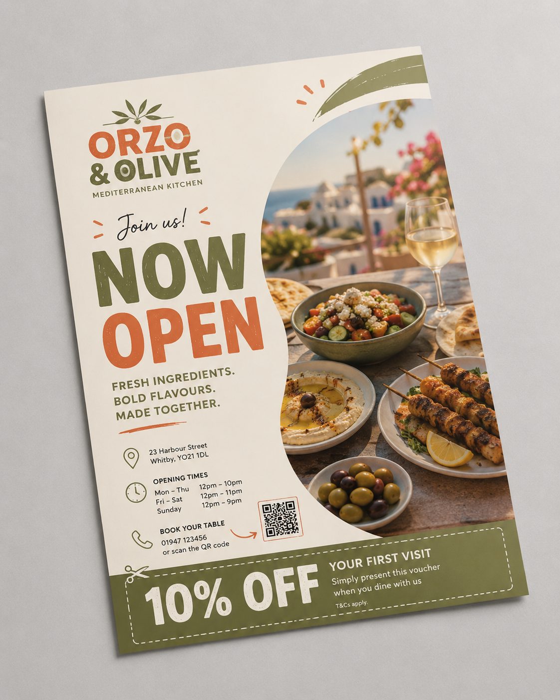 Flyer design example for restaurant & cafe — Mediterranean restaurant now open flyer
