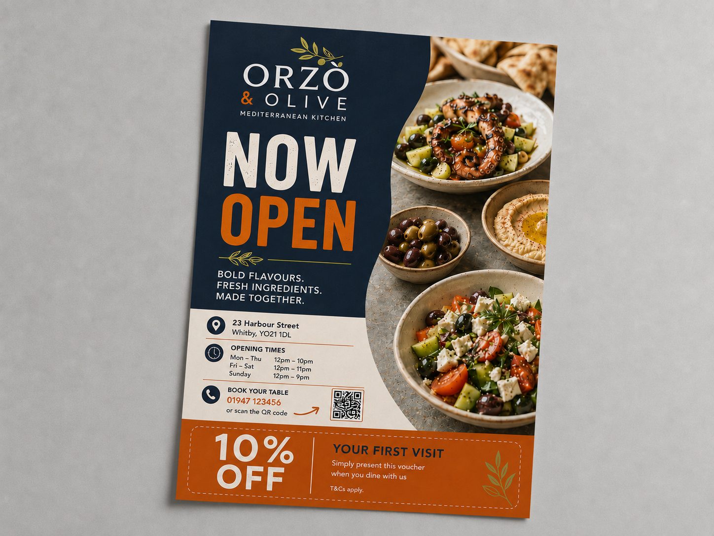 Flyer design example for restaurant & cafe — Mediterranean restaurant now open flyer, alternate design