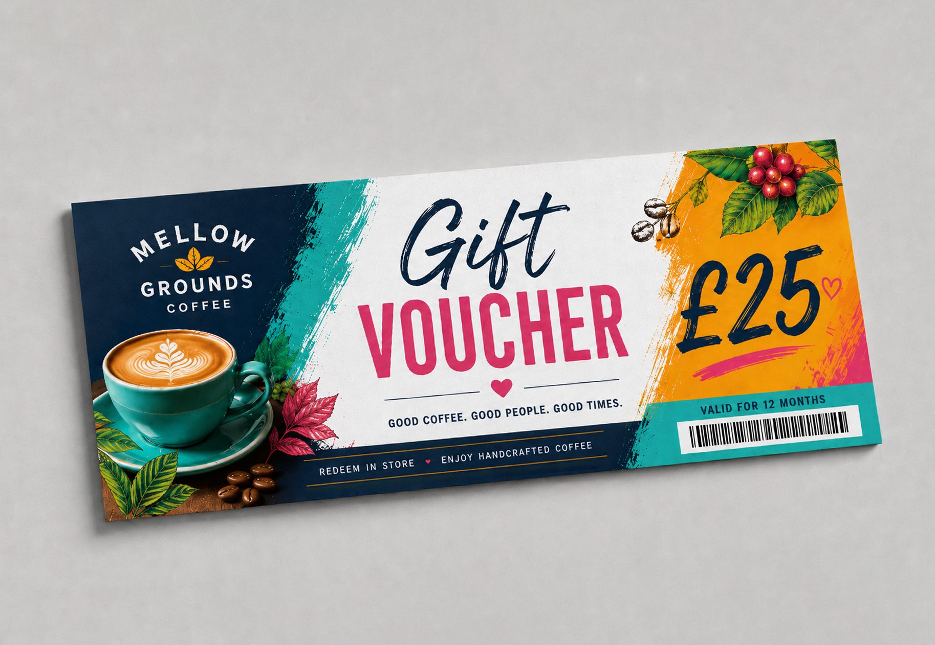 Gift voucher design example for restaurant & cafe — coffee shop gift voucher, brushstroke design
