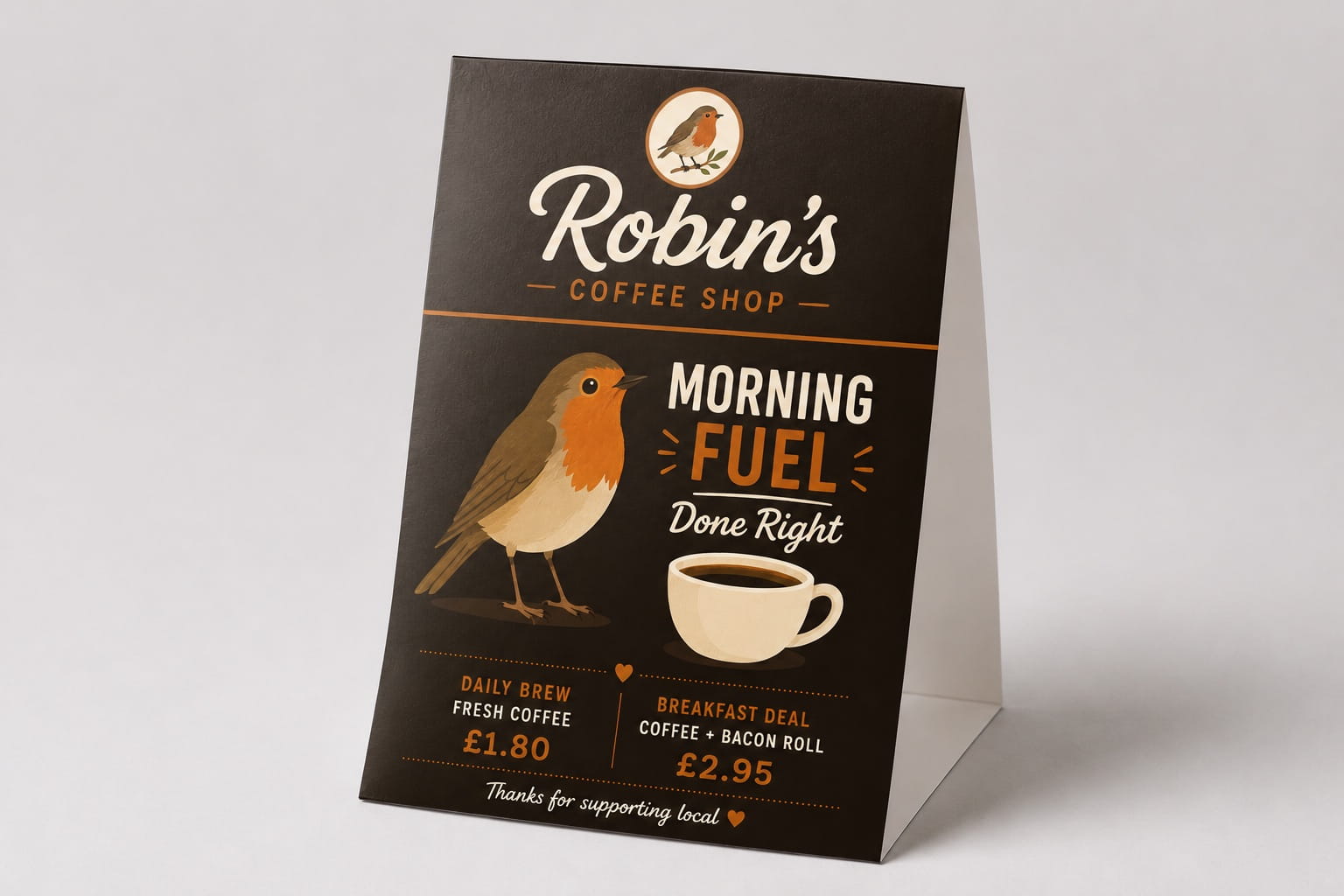 Portrait tabletop tent card mockup displaying Coffee Shop artwork