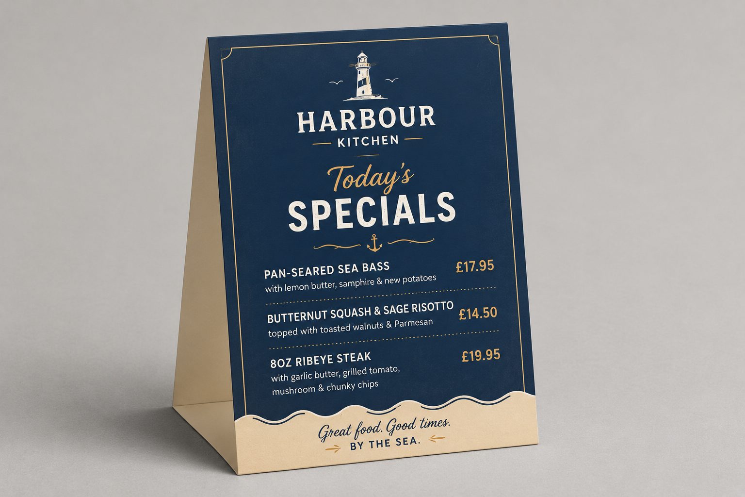 Tent card design example for restaurant & cafe — restaurant today's specials tent card, nautical design