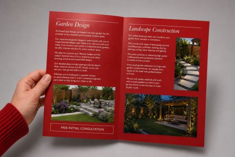 Hand holding an open A4 folded-to-A5 garden landscaping leaflet